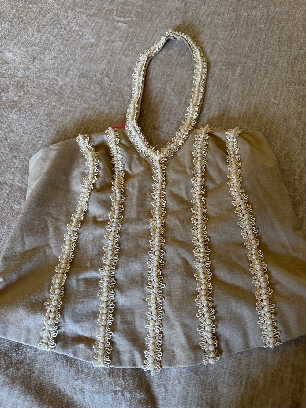 Beaded Halter Tank Top in Taupe with Ivory Trim